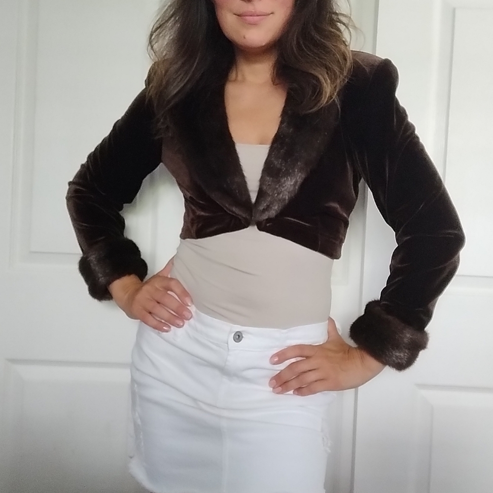 Vintage Tadashi Shoji Velvet Faux Fur Bolero Jacket Medium